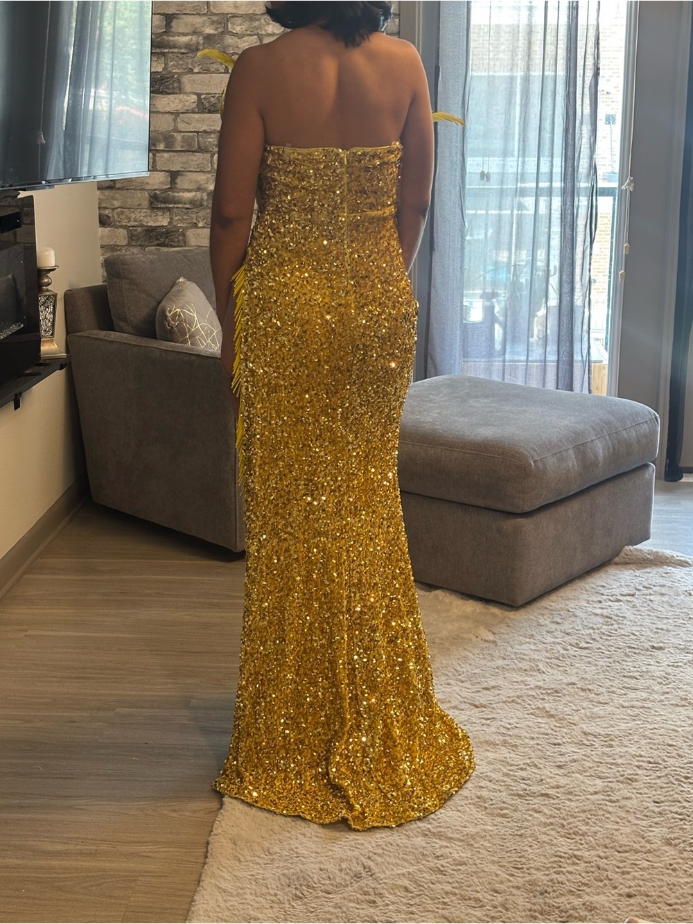 Fashion Nova Yellow Feathered Sequin Maxi Dress - Picture 6 of 6